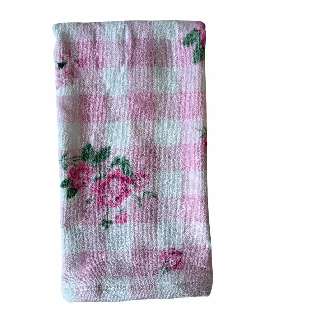 2pc Betsy Johnson Pink Gingham Floral  Hand Towels 100% Cotton 16x26 NEW